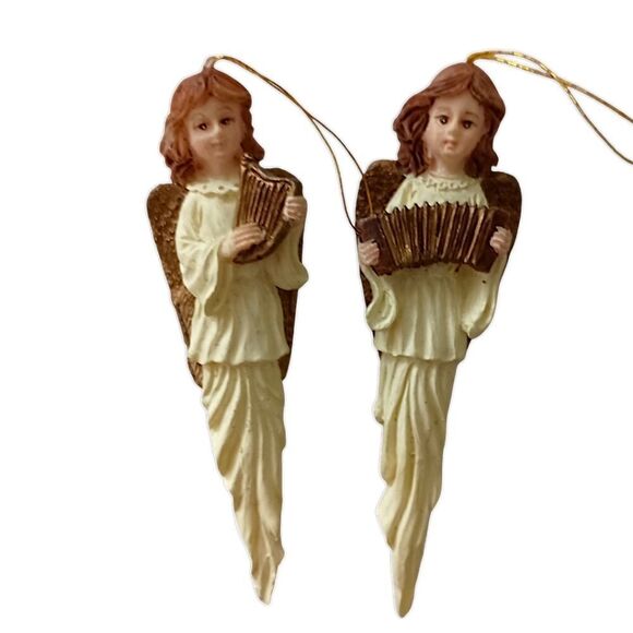 2 Angel Icicle Ornament Christmas Vintage 90s Resin Teardrop Holiday Ivory Gold. - Picture 8 of 13